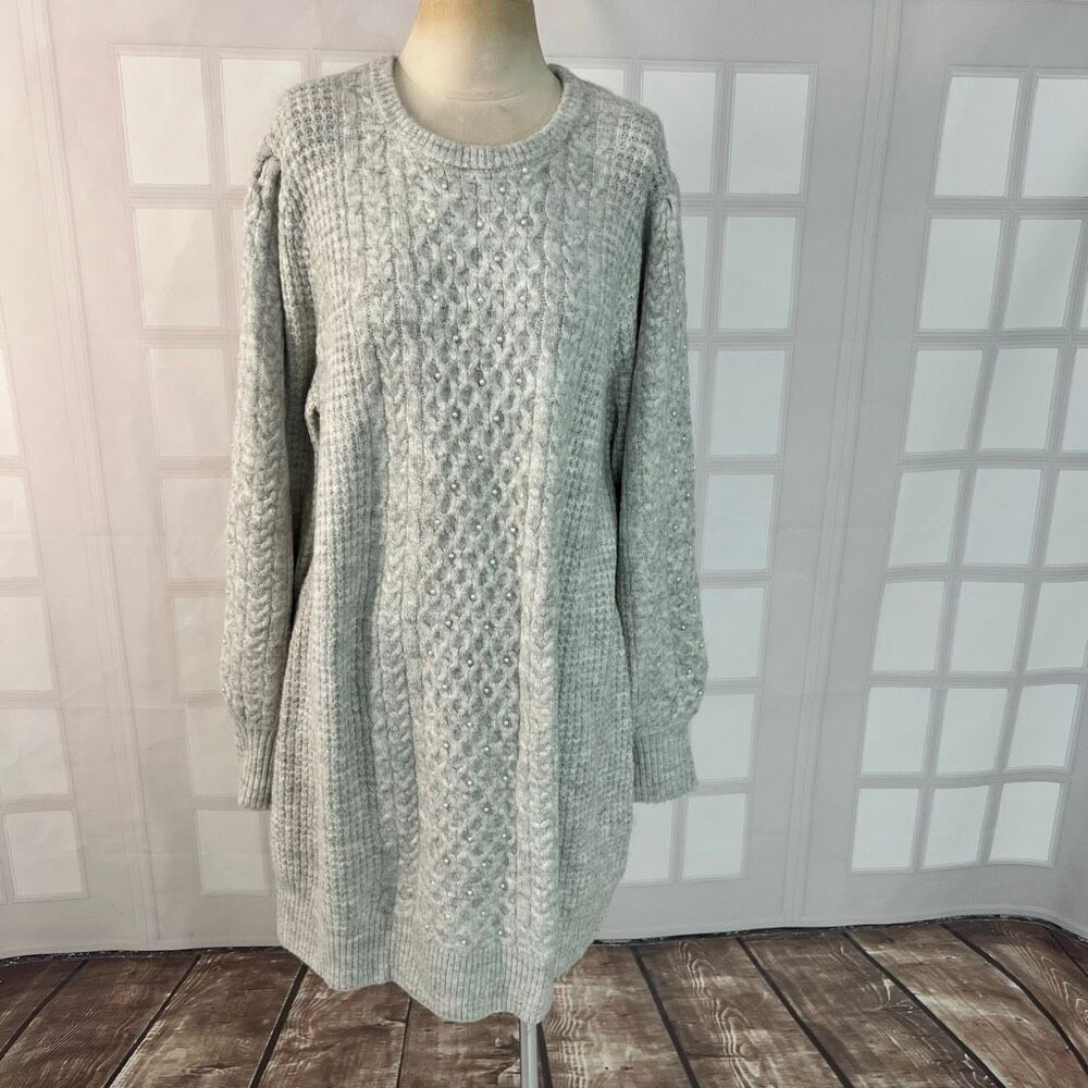 New York & Company Grey Cable Knit Pearl Embellishment Sweater Dress Size 2xl